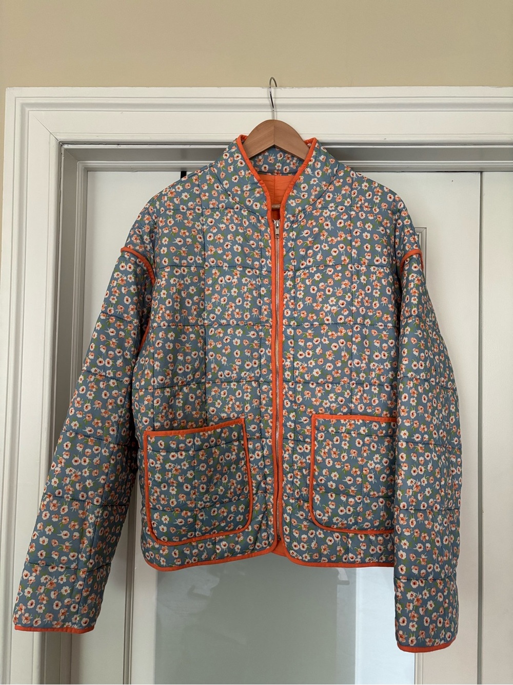 Quilted Floral Jacket with Orange Trim
